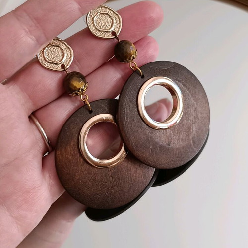 Boho wooden large earrings with tiger eye
