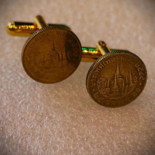 Cufflinks with old 25 Satang coins, new, gold plated