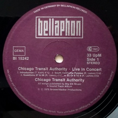 Chicago Transit Authority Live In Concert vinyl album
