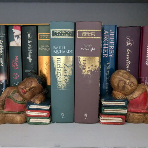 Wooden bookends hand carved and painted, like new, vintage Chinese sleeping couple