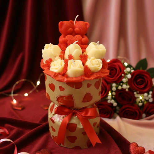 Bouquet of plant-based scented wax flowers with love bear couple