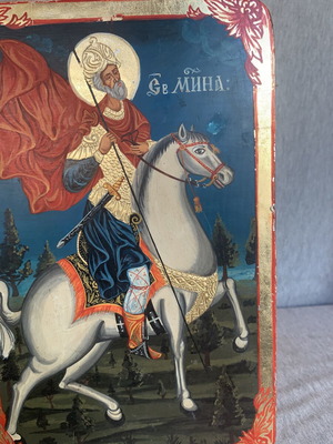 Εικόνα Αγίου Μηνά πάνω σε άλογο μεταχειρισμένη, ζωγραφισμένη σε ξύλο
