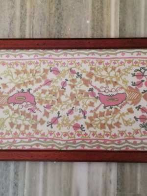 Old embroidery in frame used, wooden frame with glass
