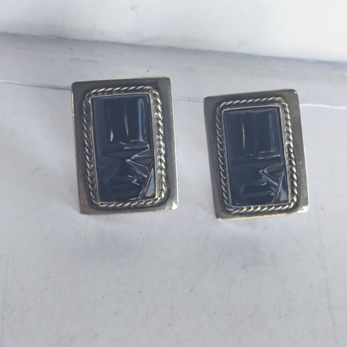 Vintage Mexico Sterling Silver Carved Black Onyx Aztec Face Screwback Earrings used