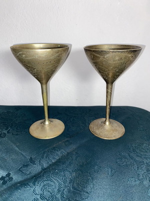 Vintage brass cocktail coupes set used with handmade engraving