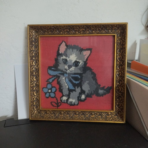 Vintage embroidered cat painting with frame and glass, like new