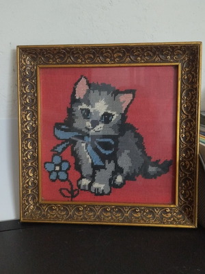 Vintage embroidered cat painting with frame and glass, like new