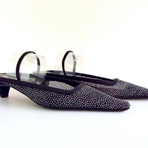 Rodo black satin slingbacks with iridescent crystals used