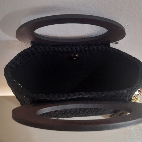 Handmade handbag new with wooden handle, black and brown