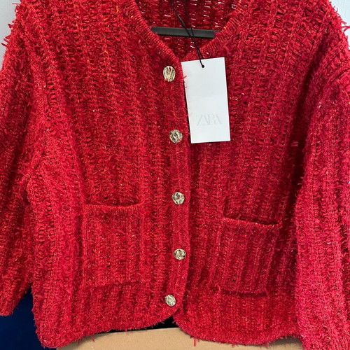 Zara women's boucle cardigan red with gold buttons size XL new