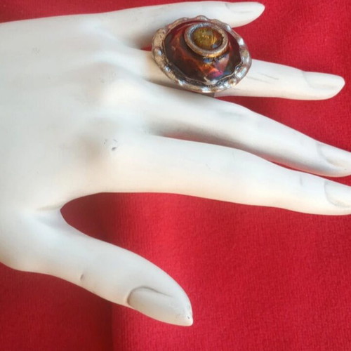 Vintage stainless steel ring with enamel and citrine gemstone like new