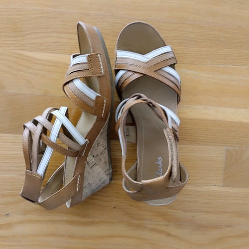 Clarks women's platform sandals, brown and white