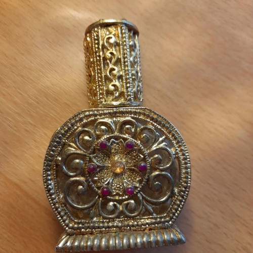 Vintage collectible perfume bottle used, handmade filigree with stones
