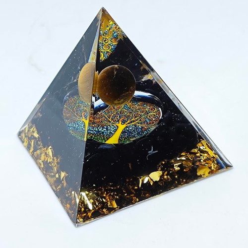 Orgonite pyramid with Tiger's Eye and Tree of Life like new