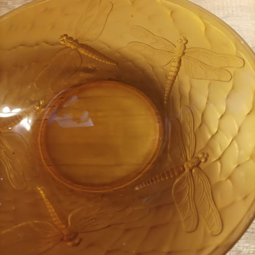 Decorative amber glass platter with embossed dragonfly design like new