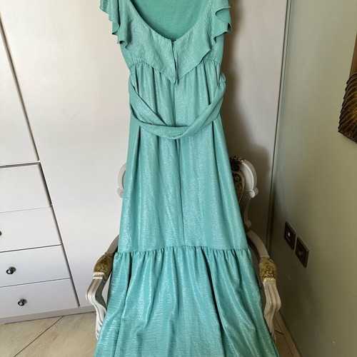 Smaragdi long dress with ruffles and waist tie new, turquoise