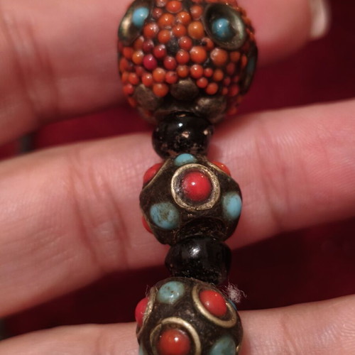 Traditional Tibetan Inlay Necklace with Turquoise and Coral Beads
