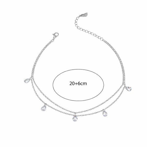 Steel Double Chain Anklet with Hanging Rhinestones Silver Color