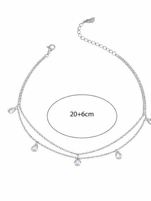 Steel Double Chain Anklet with Hanging Rhinestones Silver Color