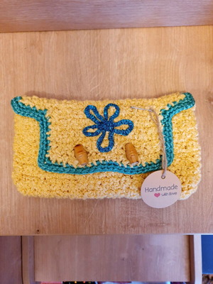 Boho yellow handmade knitted wallet new with wooden buttons