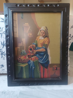 Vintage Handmade Gobelin Embroidery The Milkmaid used, wooden frame