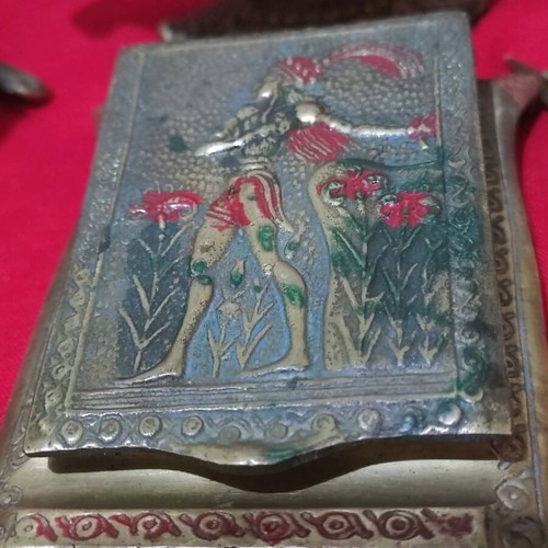 Vintage oxidized brass desk set with Art Nouveau motifs
