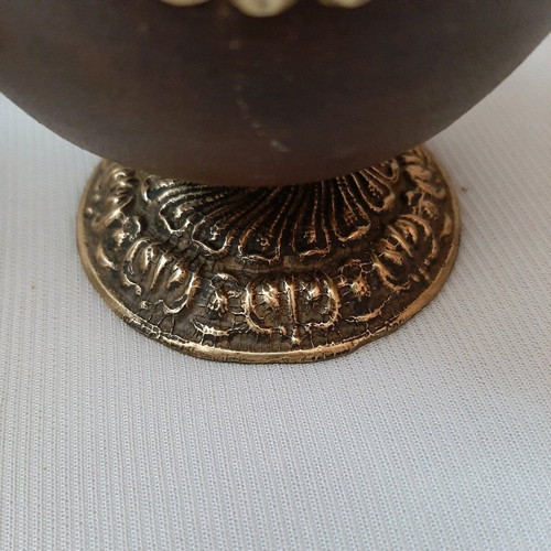 Wooden antique cups like new, decorated with bronze and copper, set of 2
