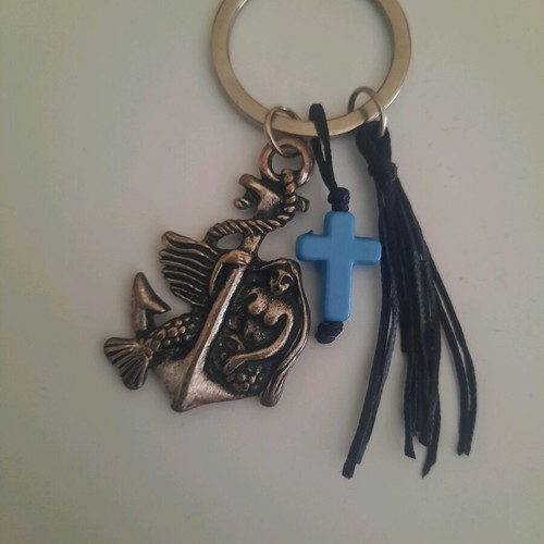 Handmade retro style mermaid anchor keychain with cross new, blue silver