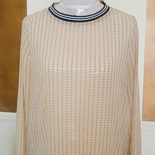 Semi Sheer Blouse M Beige and Black like new, polka dot with striped trim