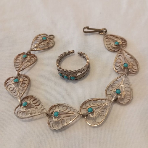 Vintage handmade jewelry set used, genuine silver with turquoise stones