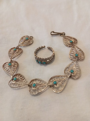 Vintage handmade jewelry set used, genuine silver with turquoise stones