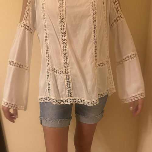 PPLA White Boho Tunic Blouse with Lace and Open Shoulders, Like New
