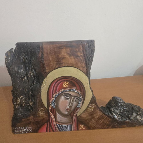 Panagia icon hand-painted on olive wood trunk new