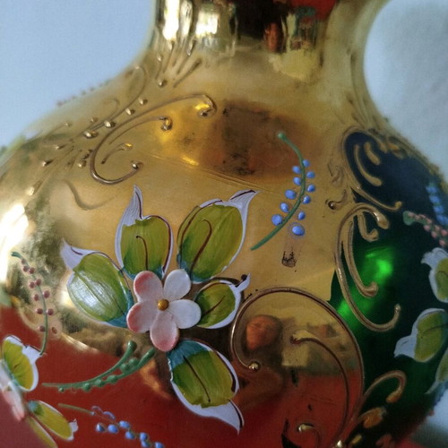 Murano vase emerald green with 24k gold leaf overlay like new
