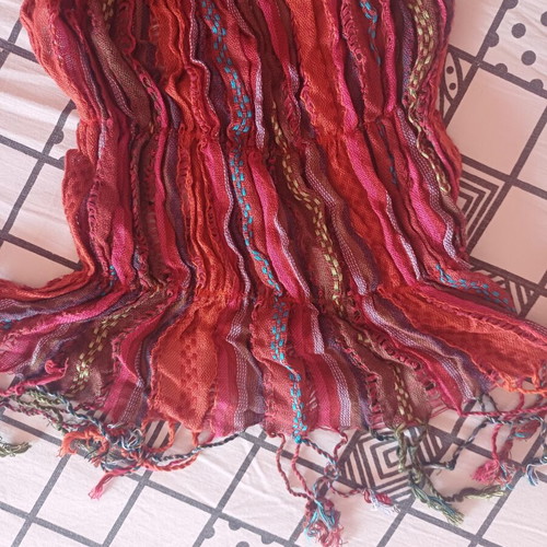 Boho women's scarf with pleated texture and embroidery