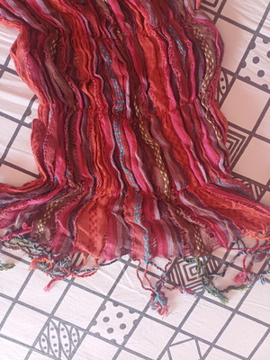 Boho women's scarf with pleated texture and embroidery