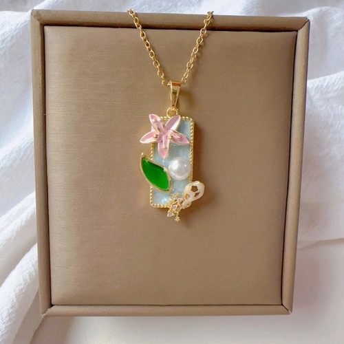 Vintage Camellia Necklace with Enamel, Pearl & Rhinestones, New