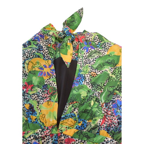 Saloni 100% Silk Green Floral Dress with High Neck & Ruffle, US 8 UK 12