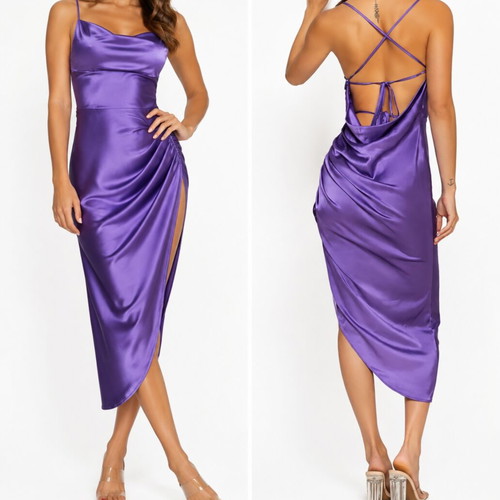 Shein purple satin ruched cross back slit dress, size M