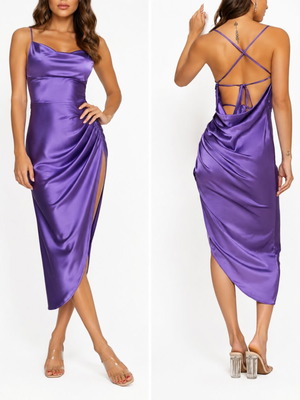 Shein purple satin ruched cross back slit dress, size M
