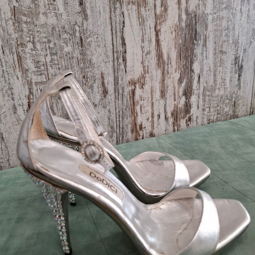 Silver sandals with multicolor rhinestones on heel new, size 38