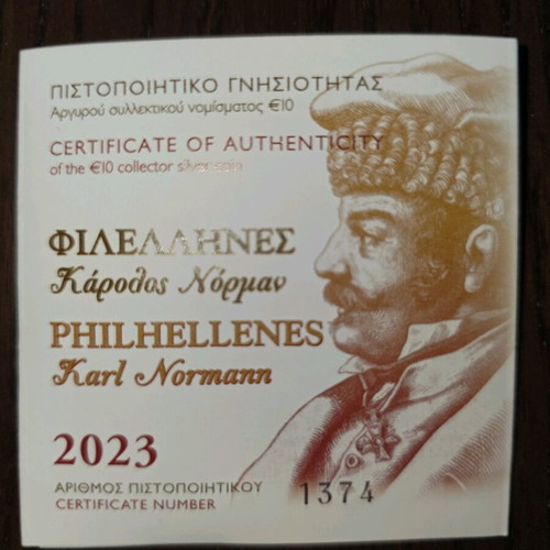 Karl Normann 10€ Silver Collector Coin 2023, Bank of Greece
