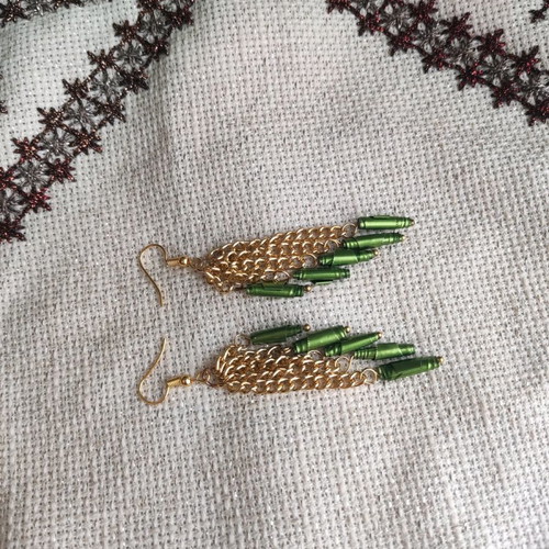 Handmade long earrings made to order with green recycled aluminum beads