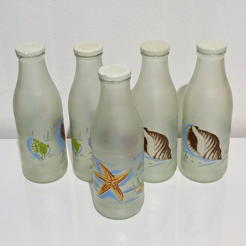 Set of frosted glass collectible bottles used, 5 pieces vintage