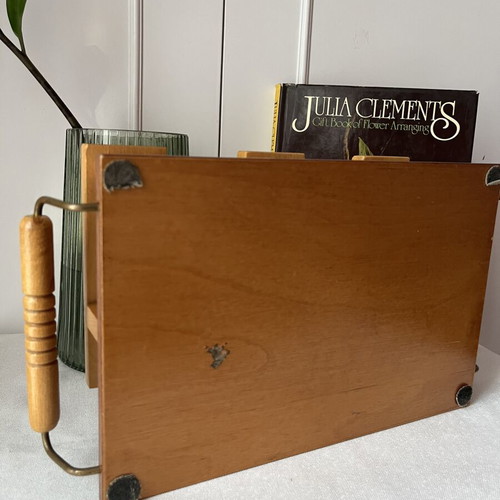 Vintage wooden tray with 6 circular slots, Mid-Century Modern style