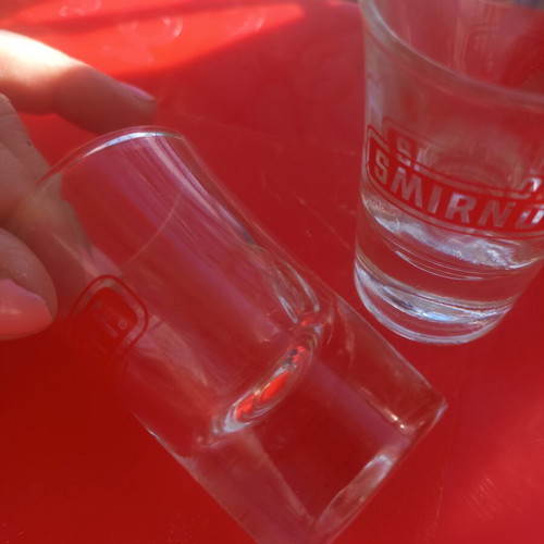 Smirnoff shot glass set 2 pieces 90's like new with ouzo bottle gift