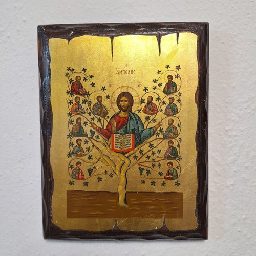 Handmade religious icon on old wood with gold leaf, like new