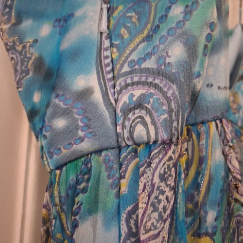 Charly silk evening dress like new, blue paisley with beads