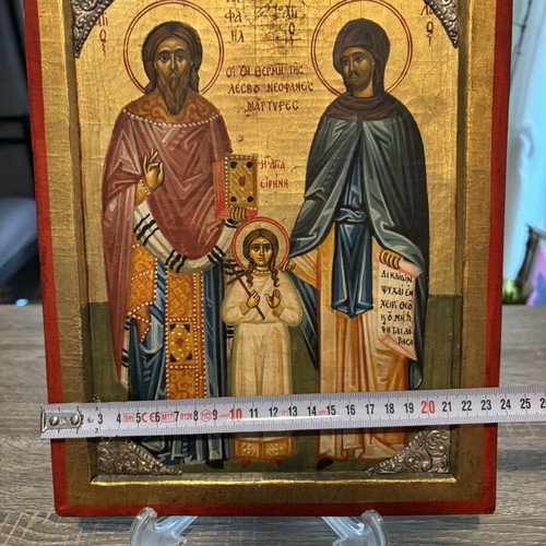 Handmade icon of Raphael Nikolaou and Eirini with 925 silver decoration used