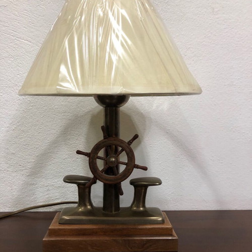 Table lamp new, wood with brass and nautical decorative helm